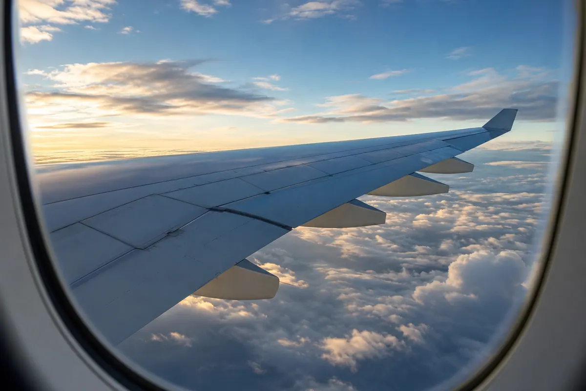 Aile d'avion vue depuis le hublot avec un ciel nuageux, ambiance de vol en altitude