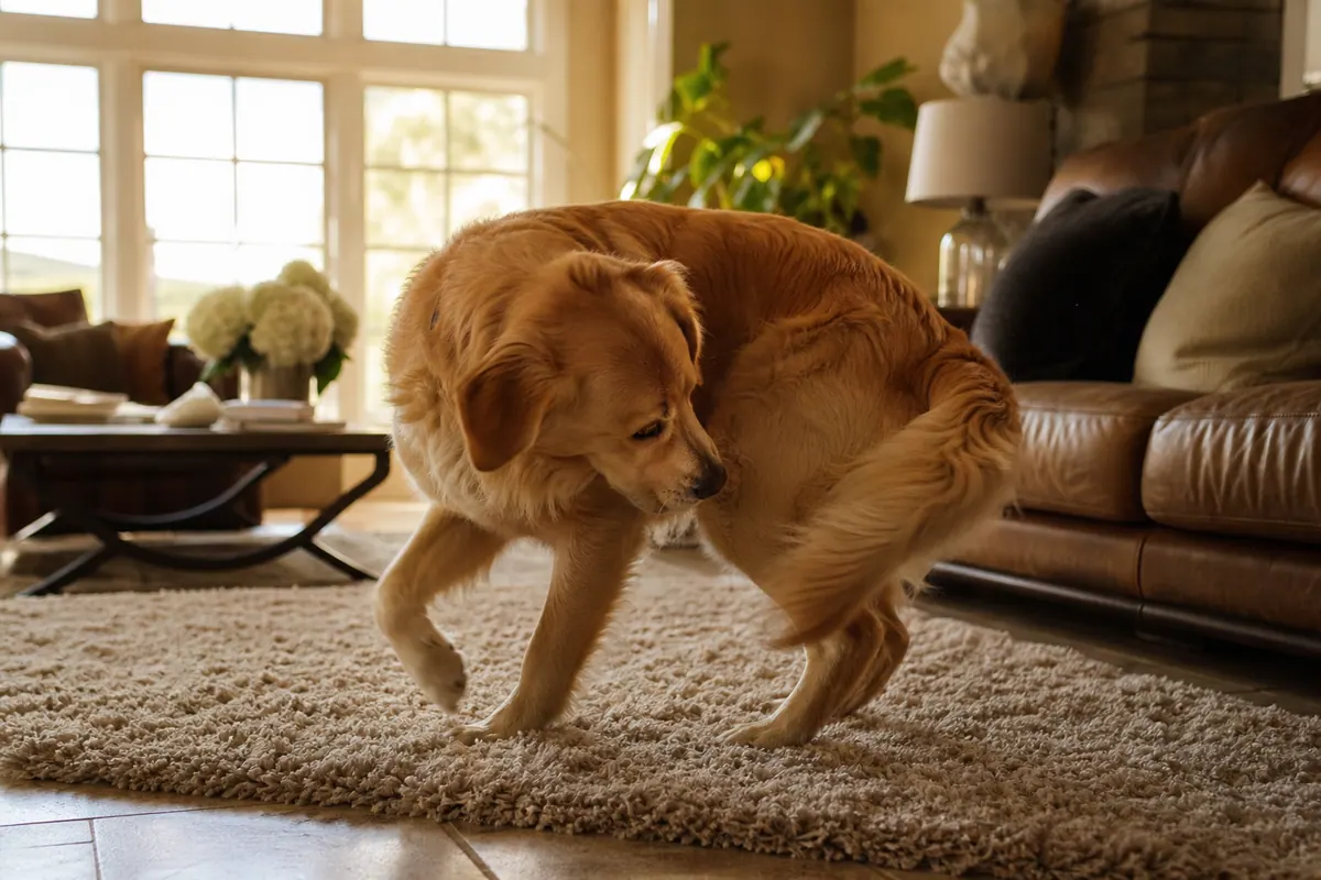 Chien tournant sur lui-même sur un tapis moelleux avant de s'allonger, intérieur chaleureux et lumineux