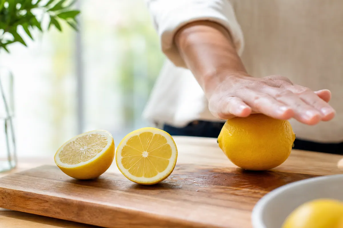 Citrons frais coupés en deux sur une planche à découper, un citron entier en train d'être roulé sous la paume d'une main