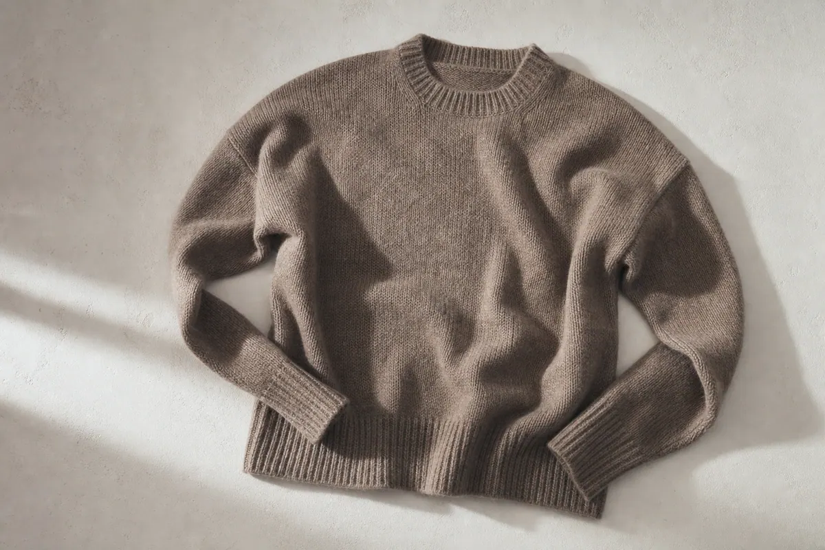 Pull en laine posé à plat sur une surface claire, texture visible des fibres de laine