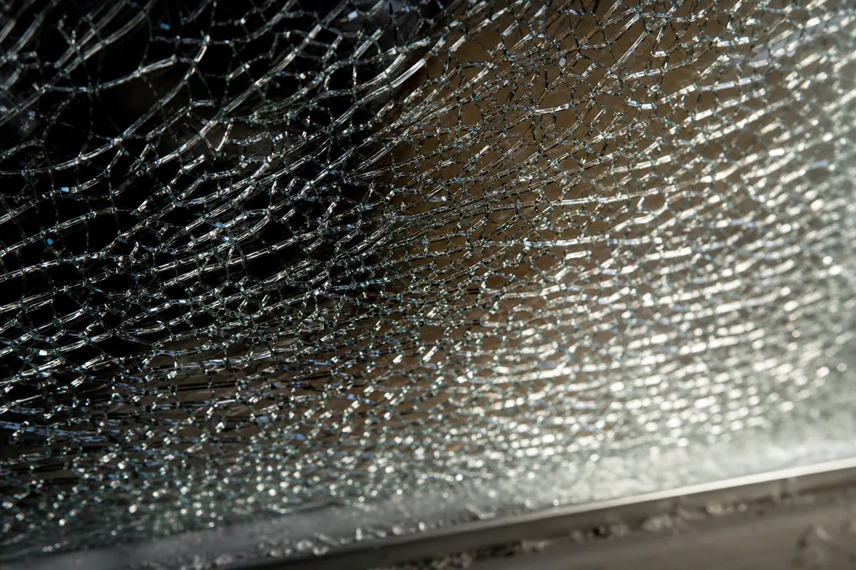 Plaque de verre trempé fissurée en de nombreux petits fragments, gros plan texturé