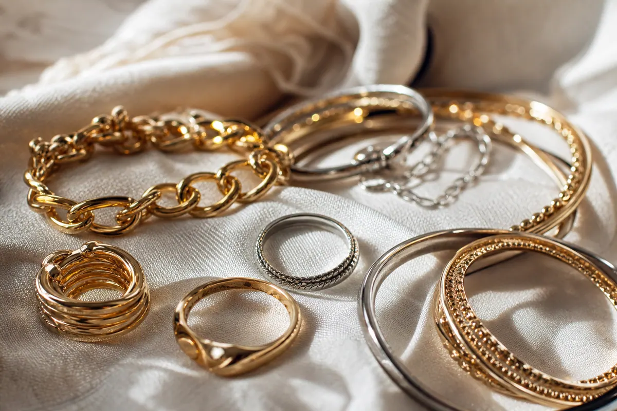 Bagues et bracelets fantaisie dorés et argentés posés sur un tissu, gros plan sur les bijoux