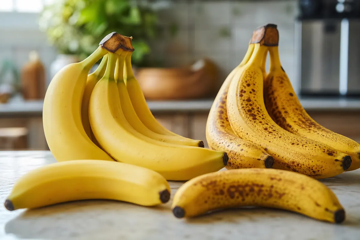 Bananes posées sur un plan de travail de cuisine, certaines à la peau jaune vif et d'autres légèrement tachetées, lumière naturelle
