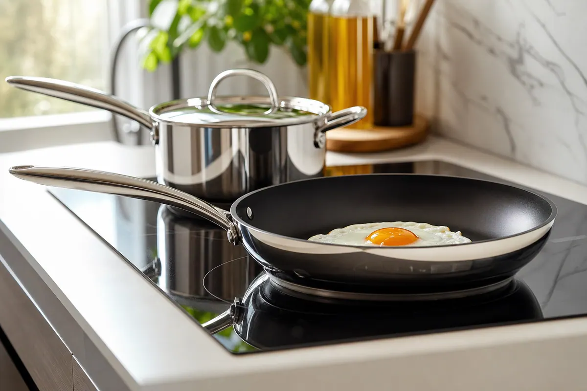 Casserole et poêle en inox brillant neuves posées sur une plaque de cuisson, avec un œuf au plat en train de cuire