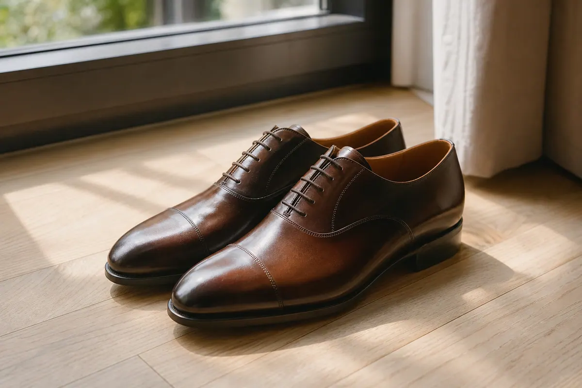 Paire de chaussures en cuir neuves posées sur un parquet clair, lumière naturelle douce
