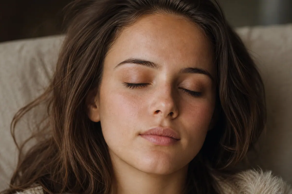Portrait en gros plan d'un visage au repos, lumière douce, avec un léger flou artistique autour de l'œil