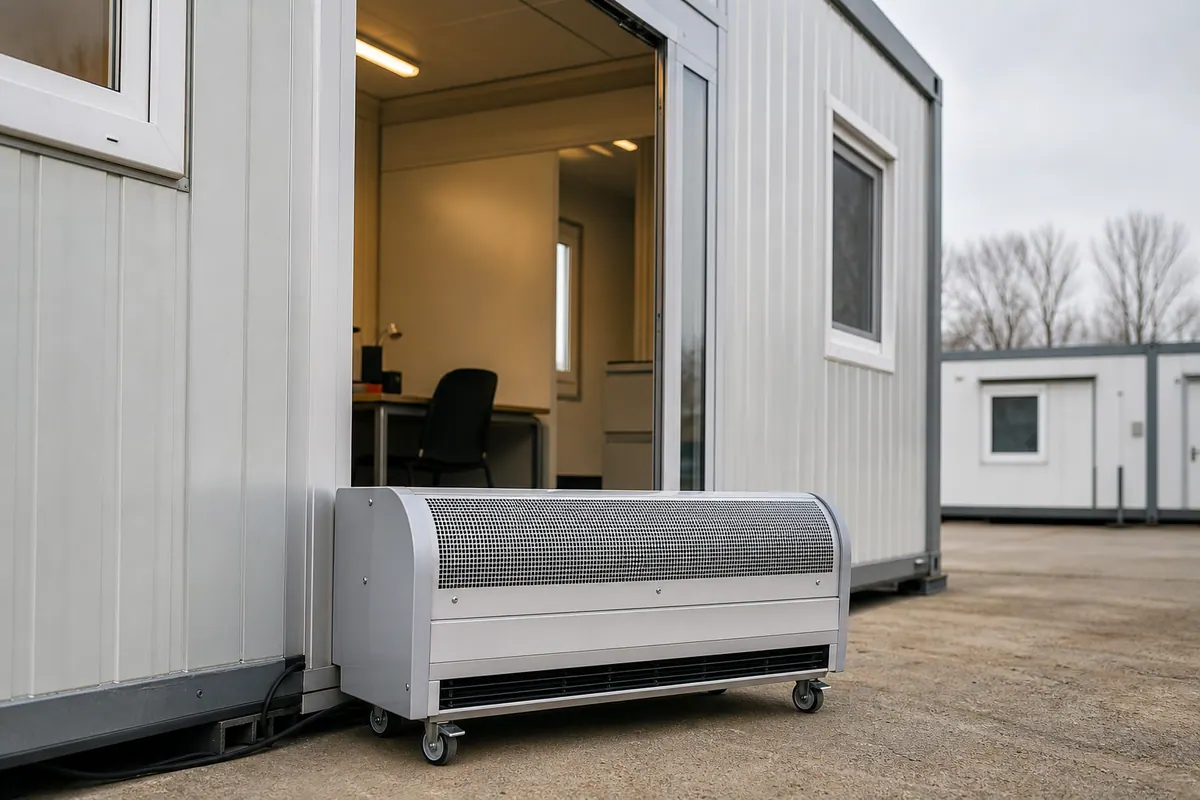 Rideau d’air chaud pour bâtiment modulaire : Rideau d’air chaud mobile et léger pour bâtiment modulaire temporaire